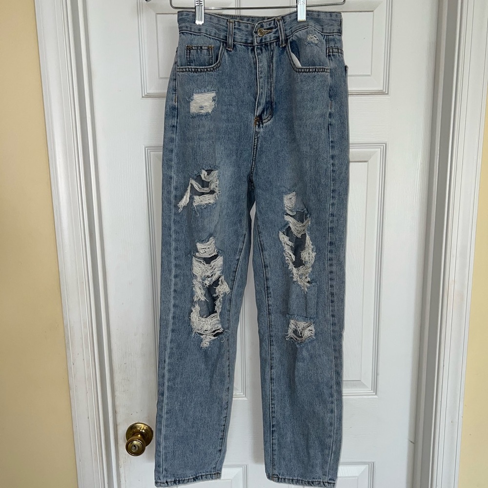 high waisted straight leg ripped jeans